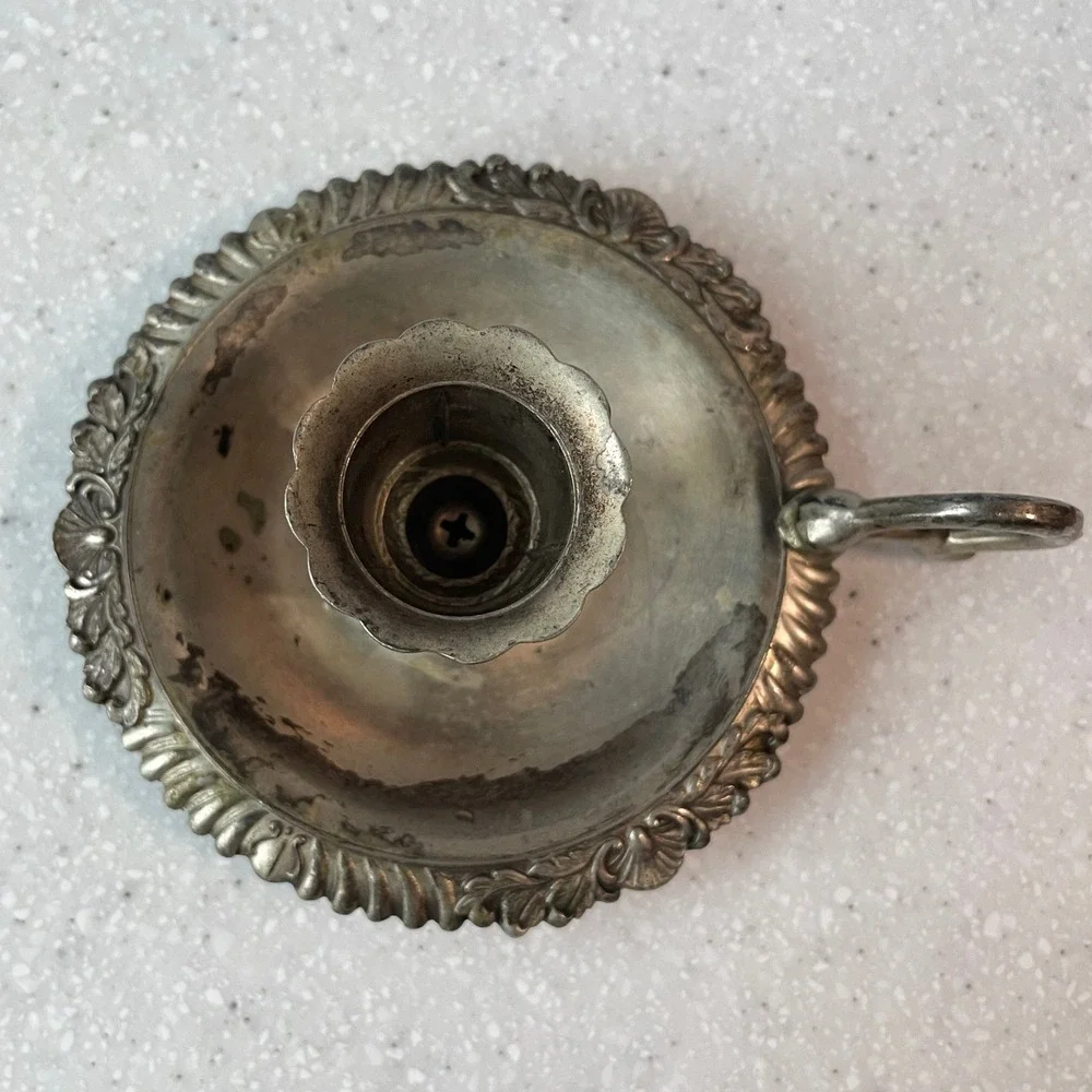 Vintage Silver Plated Chamberstick Candle Holder Finger Loop Ornate Scalloped